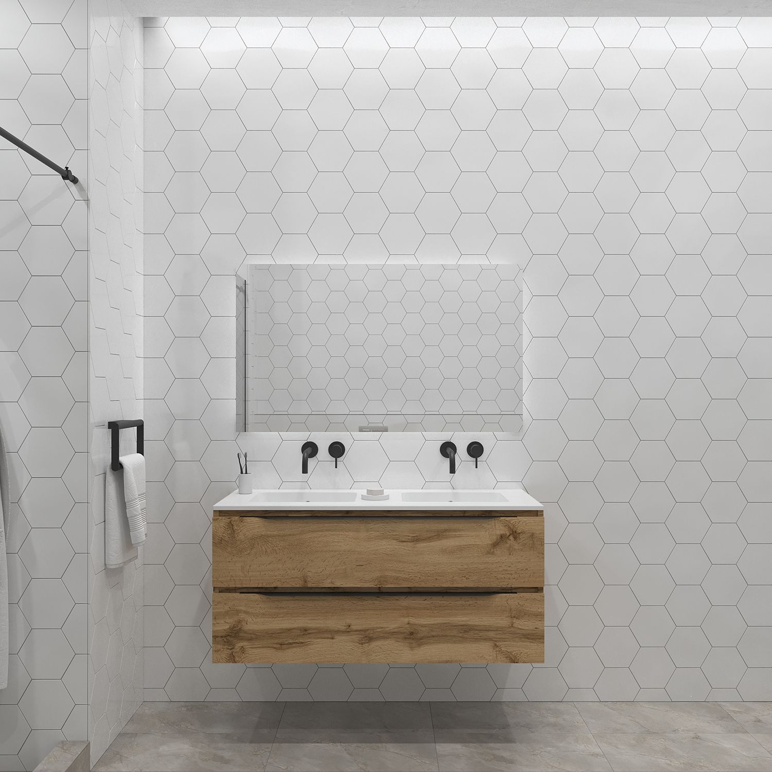 Gliss Design Hera Badkamermeubelset - Mat Zwart - 120 cm - 4 Laden - Rustiek Eiken (keuze wastafel)