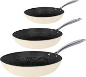Cook and Pan Cook & Pan - Honey Koekenpannenset 3-delig + 3 glazen deksels - RVS - PFAS vrij - Inductie Honingraat - Non stick - 7 jaar garantie - Crème