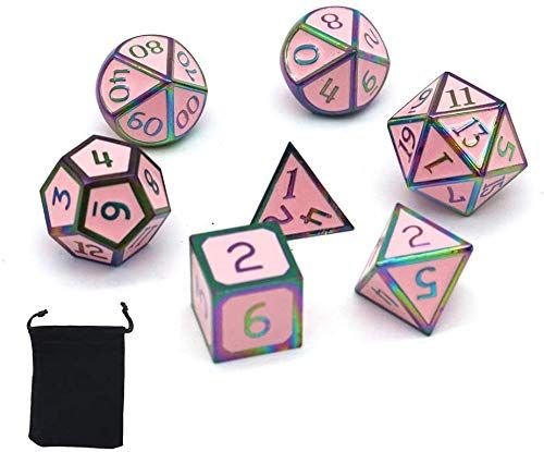 DollaTek 7-delige metalen dobbelstenen set DND-game Polyedrische massief metalen D & D-dobbelstenen set met opbergtas en zinklegering met glazuur voor rollenspellen Dungeons and Dragons (kleurrijk roze)