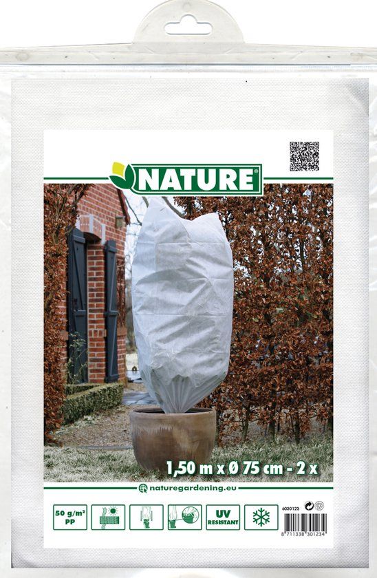 Nature plantenhoes met trekkoord - 2x stuks - H150 x D75 cm - wit - anti-vorst planten beschermhoes