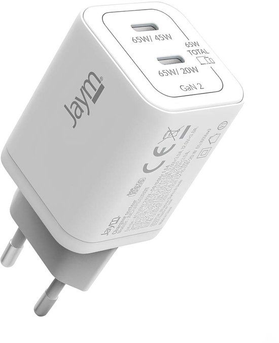 Jaym Netlader 5A Dubbele USB-C 65W PD PPS GaN Snel, Wit