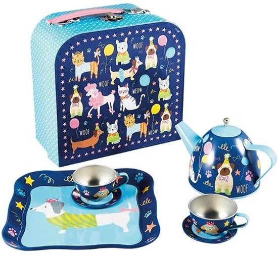 Floss & Rock Huisdieren - Tinnen thee servies - 7 delig - Multi blauw, multi