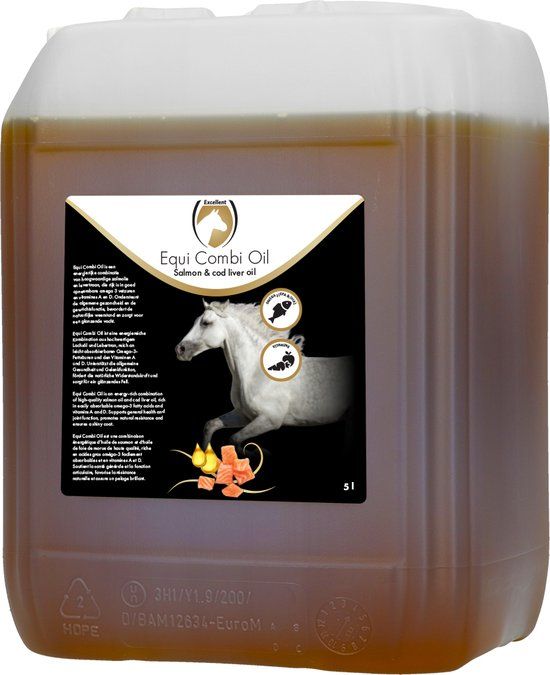 Excellent Equi Combi Olie Voermiddel – 5 Liter – Zalmolie en Levertraan – Bevat Omega 3-vetzuren en Vitamine A en D – Ondersteunt gezondheid – Geschikt voor paarden en pony’s
