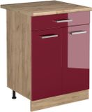 Vicco Keukenonderkast R-Line, Rode hoogglans/Goudkleurig Eiken, 60 cm met lade goudkleurig eiken werkblad