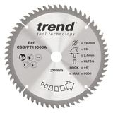 Trend Laminaat- en HPL-cirkelzaagblad, diameter 190 mm, 20 mm boring, 60 tanden, 2,6 mm snijvoeg, +4° haak, TCT, superfijn oppervlak, CSB/PT19060A