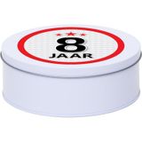 Merkloos / Sans marque Leeftijd Snoeptrommel - koektrommel Cadeau - wit - rond blik - met 8 jaar sticker - Cadeauverpakking - verjaardag - Dia blik is 18 cm