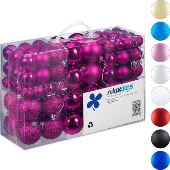 Relaxdays Kerstballen - Set van 100 - Mat, Glanzend, Glitters - Plastic - ∅ 3, 4 & 6 cm - Paars-Roze