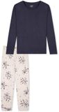 SCHIESSER Pyjama lang Dames Blauw-grijs Gebloemd Katoenen Jersey Maat 40