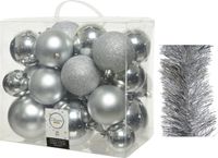 Decoris Kaemingk B.V. Kerstversiering kunststof kerstballen 6-8-10 cm met folieslingers pakket zilver van 28x stuks