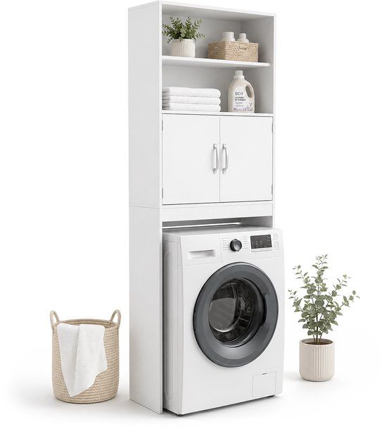 Merkloos Relaxdays Wasmachinekast - wit - 63x185x20 cm - met opbergruimte