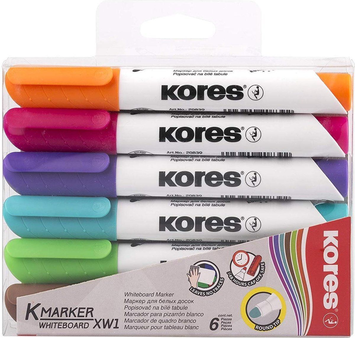 KORES Whiteboard & Flipover markers XW1, ronde punt 1-3mm, 6 stuks, bruin, oranje, roze, paars, lichtgroen, turkoois