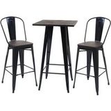 HWC-A73 Set bartafel + 2x barkruk incl. houten tafelblad, barkruk bartafel, metalen industrieel ontwerp, MVG ~ zwart