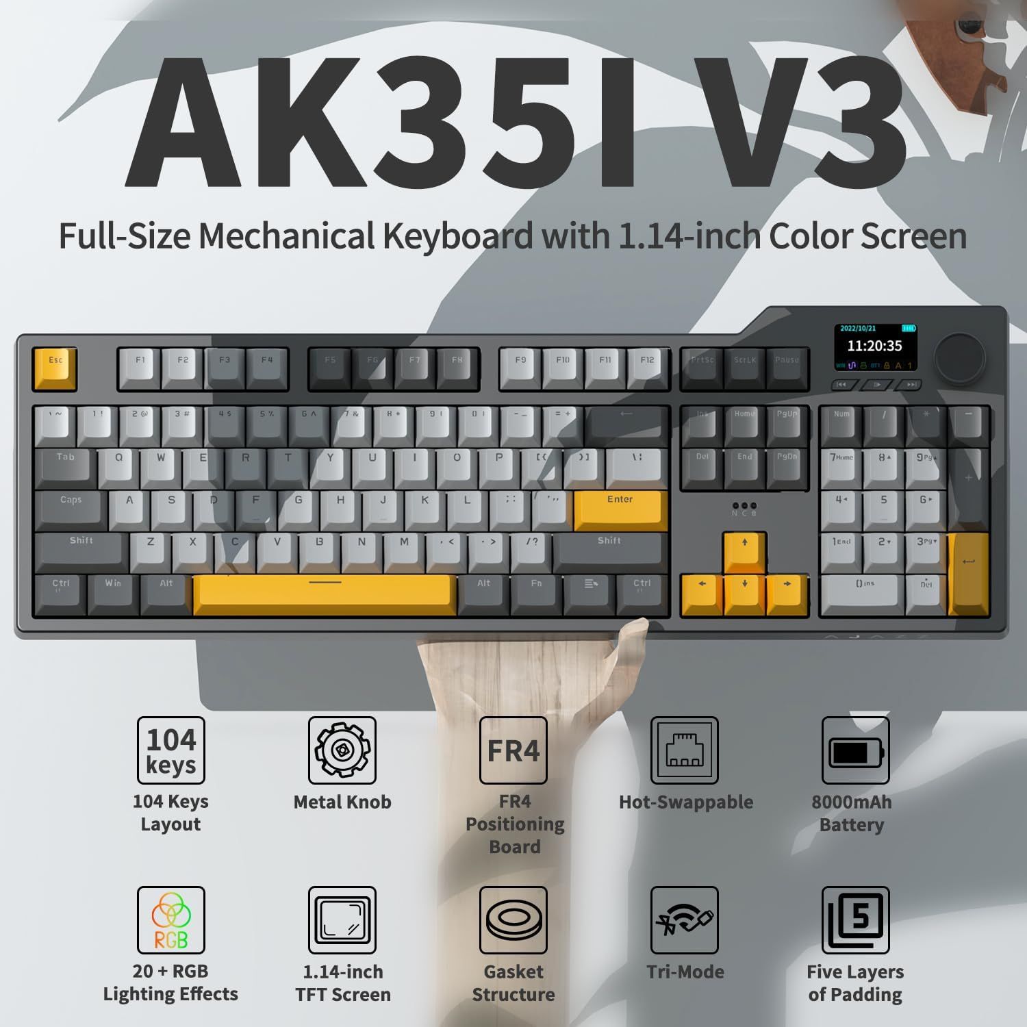 Ajazz AK35I V3 MAX 8000mAh batterij Gaming mechanisch toetsenbord Tri-mode Bedraad Bluetooth Draadloos Hot-swappable TFT kleurenscherm