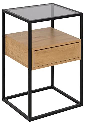 AC Design Furniture Radek Nachtkastje - Zwart - 1 Lade - 2 Planken - Glasplaat - Metalen Frame