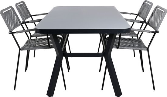 Hioshop Virya tuinmeubelset tafel 90x160cm en 4 stoel armleuningG Lindos zwart, grijs.