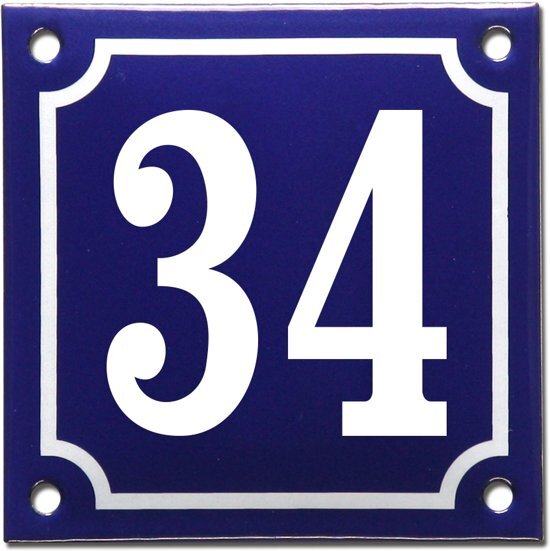 EmailleDesignÂ® Emaille huisnummer blauw/wit nr. 34