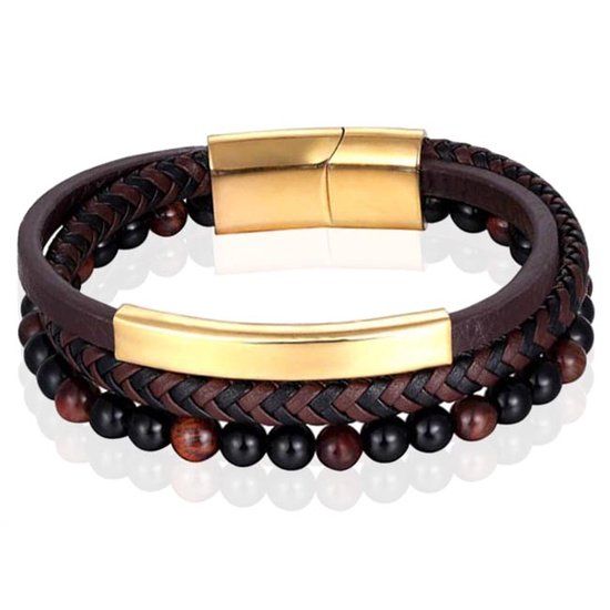 Memphis Heren armband Memphis Tijgeroog kraal gevlochten leer Goudkleurig Bruin - 21cm
