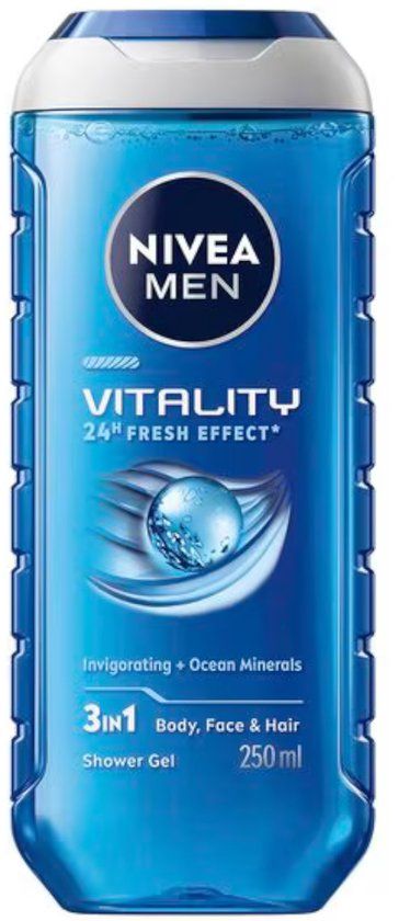 NIVEA MEN Vitality 3-in-1 Douchegel – 250 ml – Voor Lichaam, Gezicht & Haar – Met Oceaan Mineralen – 24u Frisheid