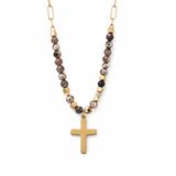 Deja Jewels Goudkleurige Dames Kralenketting met Bruine Kralen en Kruishanger