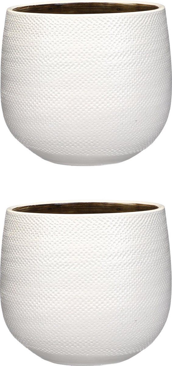 Mica Decorations Set van 2x keramiek aardewerk bloempotten 20 x 25 cm geribbeld wit