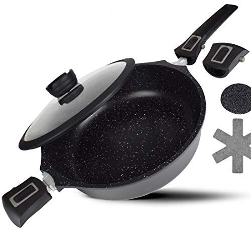 DIVORY Braadpan met deksel 28cm met 4,2l - afneembare steel, ovenvaste beklede pan, aluminium koekenpan met hoge rand + koekenpanbeschermer