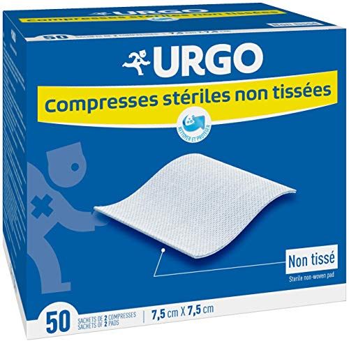 Urgo - Steriele kompressen – vliesstof – doos met 50 zakken met elk 2 kompressen – 7,5 cm x 7,5 cm