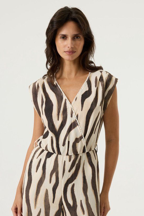 Garcia Dames Jumpsuit met Zebraprint en Korte Mouwen - Wit - XXL