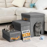 BAKAJI 3-in-1 vouwtrap voor honden en katten, grijs, Nederlands fluweel, multifunctionele huisdiertrap en -hoed, ergonomische treden, antislip onderkant
