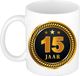 Bellatio Decorations Bol 15 jaar thema koffiemok Medaille - jubileum - verjaardag - zwart met goud - Cadeau beker - 300 ml - keramiek