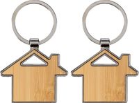 Merkloos / Sans marque Giving Europe B.V. Sleutelhanger met huisje - 2x - bamboe/metaal - 5 x 4 cm - Bruin