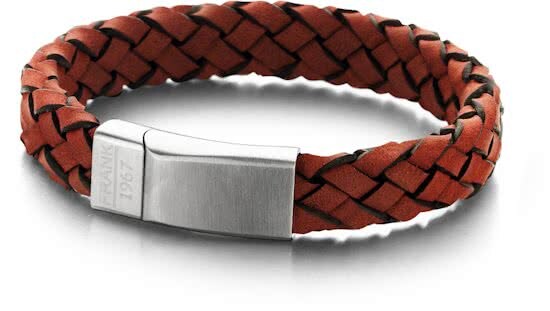 Frank 1967 7FB-0134 - Leren gevlochten heren armband - met staal element - one-size - rood / zilverkleurig