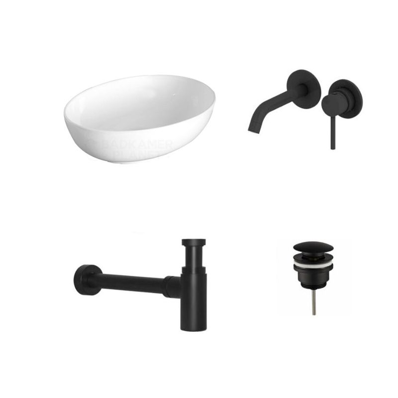 Badkamerplanet Waskomset Keramiek Arena Mat Zwart Inbouwkraan 52x39x13 cm