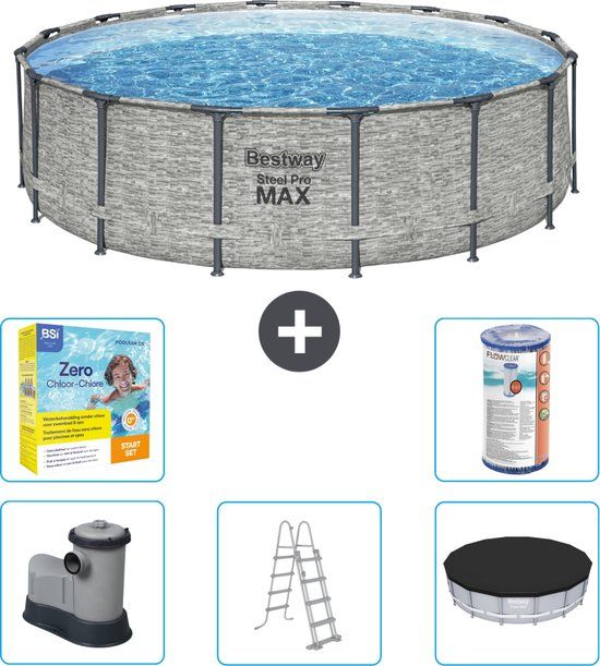 Bestway Steel Pro MAX Zwembad - Rond - 488cm - Grijs - Incl. Pomp, Ladder & Afdekzeil