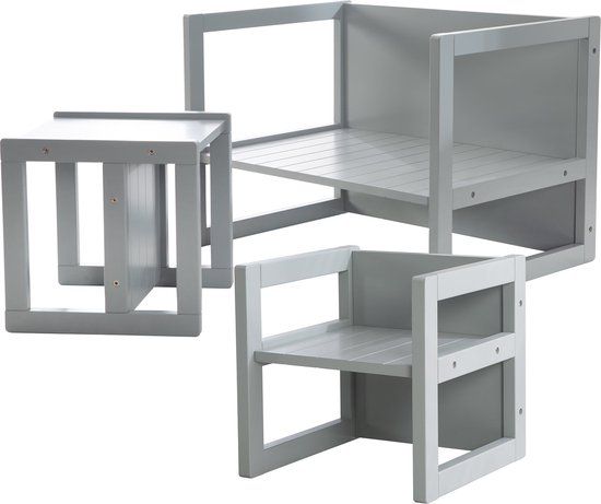 Roba Houten Kinderspeelmeubilair - Zitgroep in Landelijke Stijl - Tafel Draaibaar tot Bankje + 2 Stoelen - Grijs