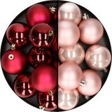 Merkloos / Sans marque Kaemingk B.V. 24x stuks kunststof kerstballen mix van donkerrood en lichtroze 6 cm