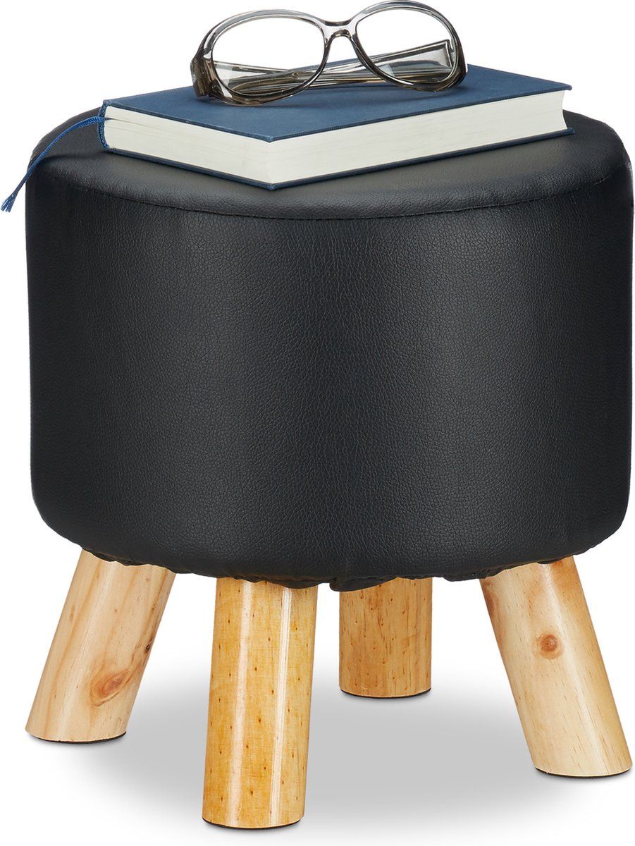 Relaxdays krukje kunstleer - poef op pootjes - ronde hocker kind - voetenbank - zitkruk - zwart