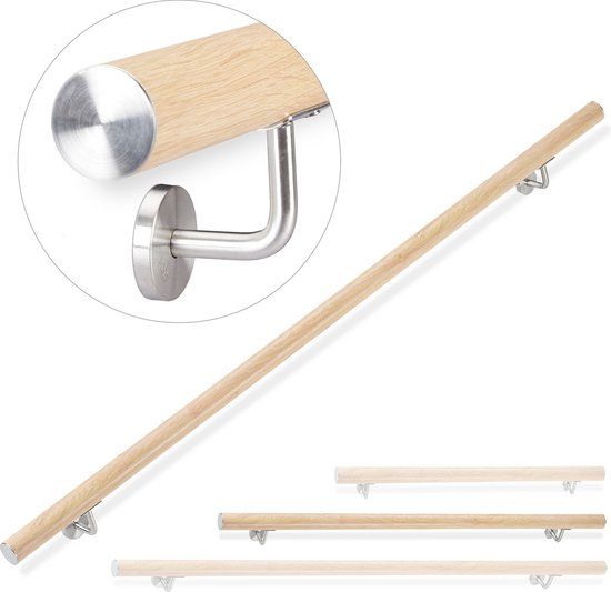 Relaxdays Trapleuning - 150 cm - Rond - Aluminium - Beukenhout Look - Binnen & Buiten