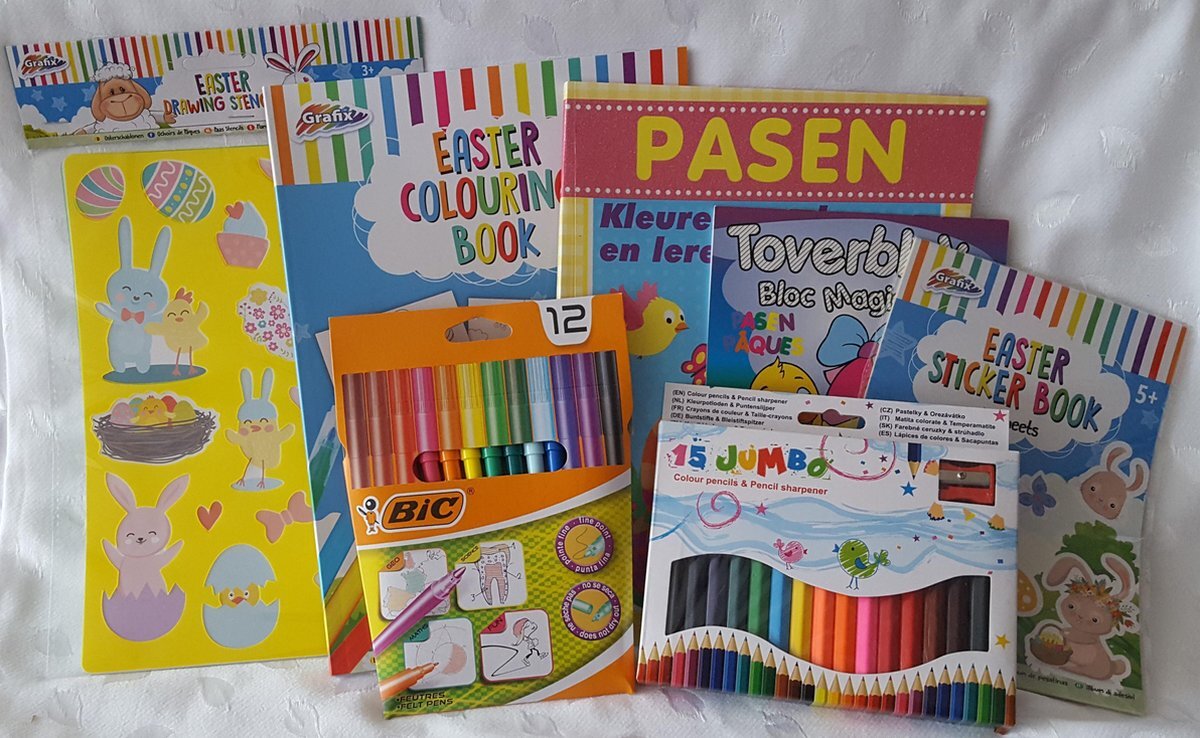 Liboza - Veelzijdig kleur/sticker/speel-leer pakket -Thema Pasen- INCL STIFTEN+KLEURPOTLODEN -kinderen -spelen -kleuren -stickerboek -Magisch kleurblok - v.a. 3 jaar -tellen -kleuren op nr -doolhof -Doe-boek