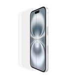 Belkin ScreenForce TemperedGlass antimicrobiële screenprotector voor iPhone 16, slank, kristalhelder, krasbestendig, bevestigingsframe voor eenvoudig luchtbelvrij aanbrengen, 2-pack