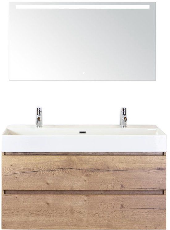 BES LED Maxx XL Badmeubelset 120 cm - Natuur Eiken - Wastafel Kube Enkel 2 Kraangaten met Sence Spiegel