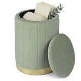 Merkloos Relaxdays Poef met opbergruimte - Ø 32 cm - fluweel - salie