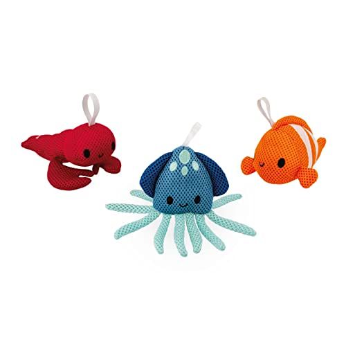Janod J04731 Pluche dieren voor kinderen leren wassen kreeft, clownvis en inktvis - Stoffen speelgoed vanaf 10 maanden, meerkleurig