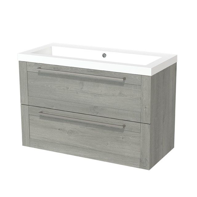 Maxaro Badkamermeubel 100cm Modulo Grijs Eiken 2 lades Kader Wastafel Mineraalmarmer