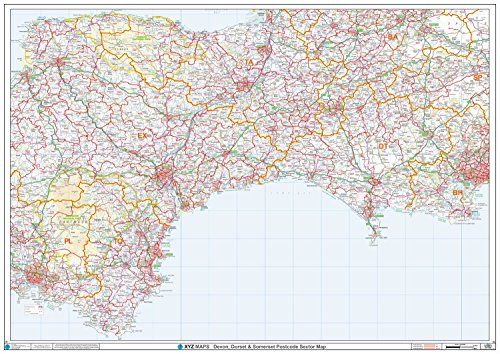 Postcode Sector Map - Devon, Dorset & Somerset - Wall Map with Plastic Coating
