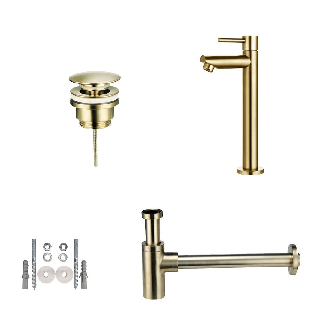 Badkamerplanet Toiletkraan Hoog set met afvoer en design sifon geborsteld goud