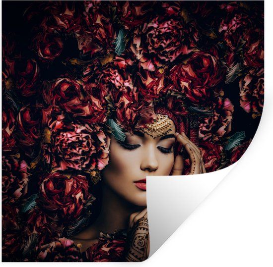 StickerSnake Muursticker Vrouw Bloemen Henna Portret - 80x80 cm - StickerSnake