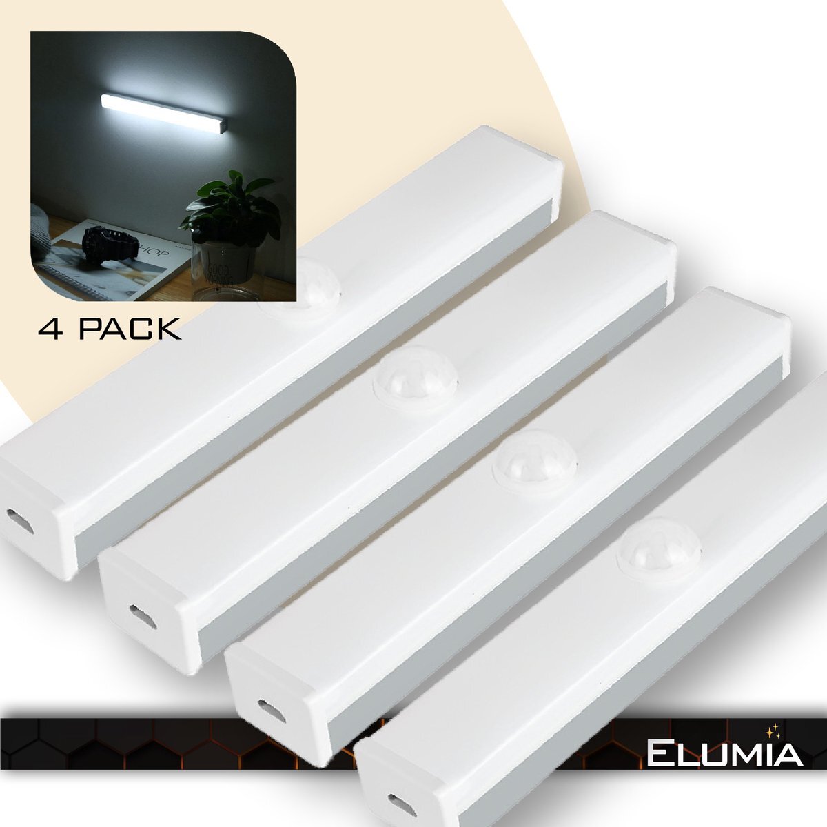 Elumia LED lamp met bewegingssensor 21CM - 4 pack - Koel Wit(6000K) - 10 LED's - USB Oplaadbaar - Accu - Dimbare lamp - Kastlamp - Keukenlamp - Draadloze lamp - Nachtlampje