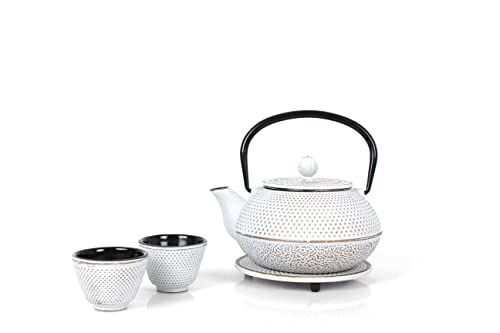 Echtwerk Gietijzeren theeservies, theepot 0,8 l met afneembare zeef, theepot met onderzetter en 2 theekopjes, theepot set in vintage design voor het bereiden van losse thee, crème