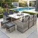 Polyrotan groupe assise, table à manger, mobilier de jardin lounge, ensemble de sièges, 11 pièces. Ensemble de jardin composé de : 1 table + 6 chaises + 4 tabourets - gris