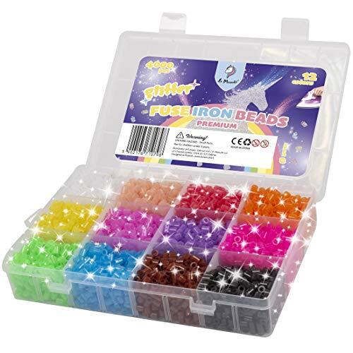 La Manuli Fuse Beads Glitterstrijkkralen, Gesorteerd, set van 4000 Stuks, 5 mm, 12 Kleuren, Navulset, Compatibel met Pyssla Srijkkralen, Steekparels in Organizerbox